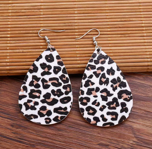 White Leopard Print Faux Leather Earrings